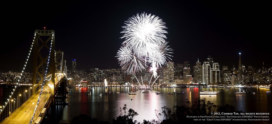 Picture of the 2011-12 New Year's Eve fireworks display over San Francisco Bay.  Part of the online artistic photography exhibit, 