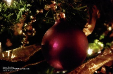 Painted Christmas Scene - Burgundy Christmas Tree Ball with Gold Ribbon and Beads; (c) 2010, FreePhotoCourse.com