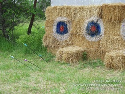 Picture of bales of hay with bulls-eye targets, used for archery / bow and arrow practice.  Free Pictures from http://www.FreePhotoCourse.com. © 2011, FreePhotoCourse.com, all rights reserved 