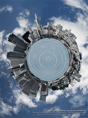 Special Effects picture of the San Francisco skyline in 180 degrees, photographed and created by Steven Shapall. Part of the online artistic photography exhibit, 
